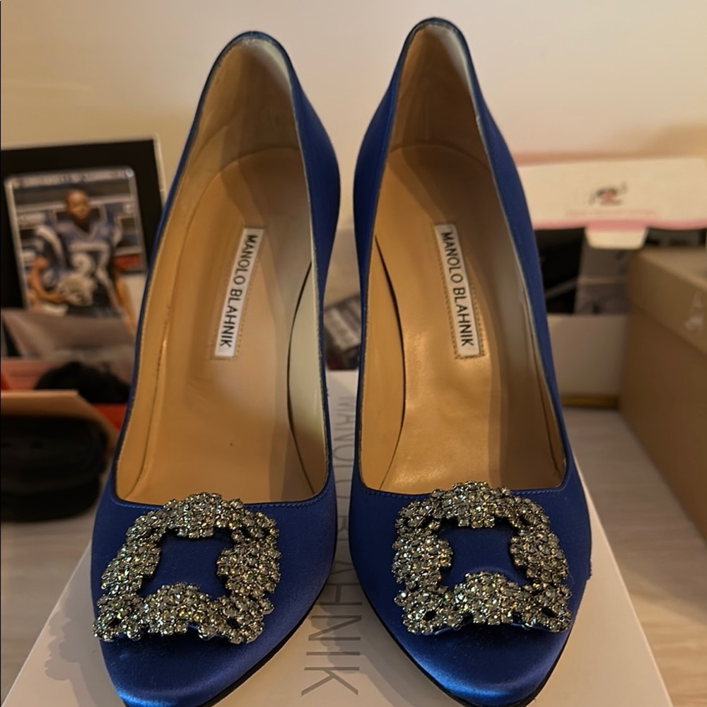 Manolo Blahnik Blue Crystal Embellished Heels